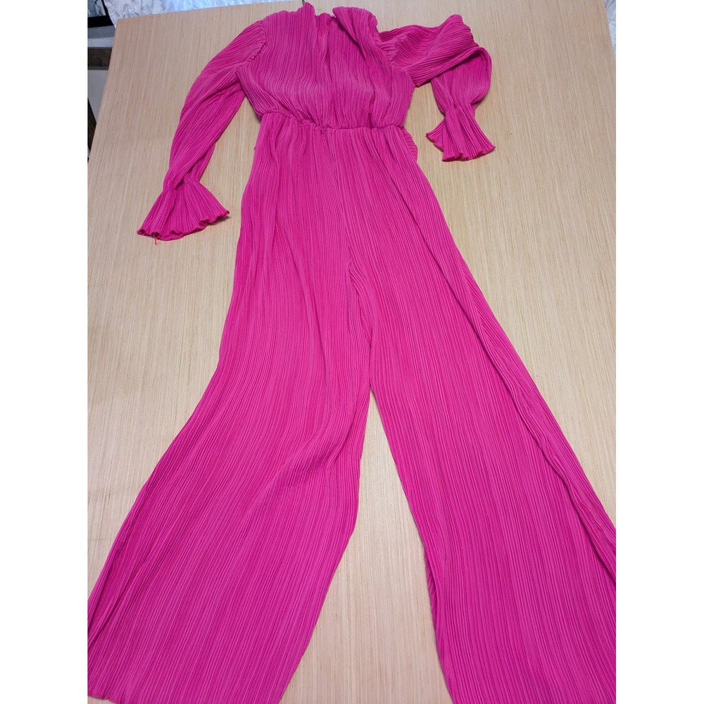 Nasty Gal Petite Pleated Chiffon Wide Leg Jumpsuit Hot Pink V-Neck Size 8 NEW - Picture 9 of 9